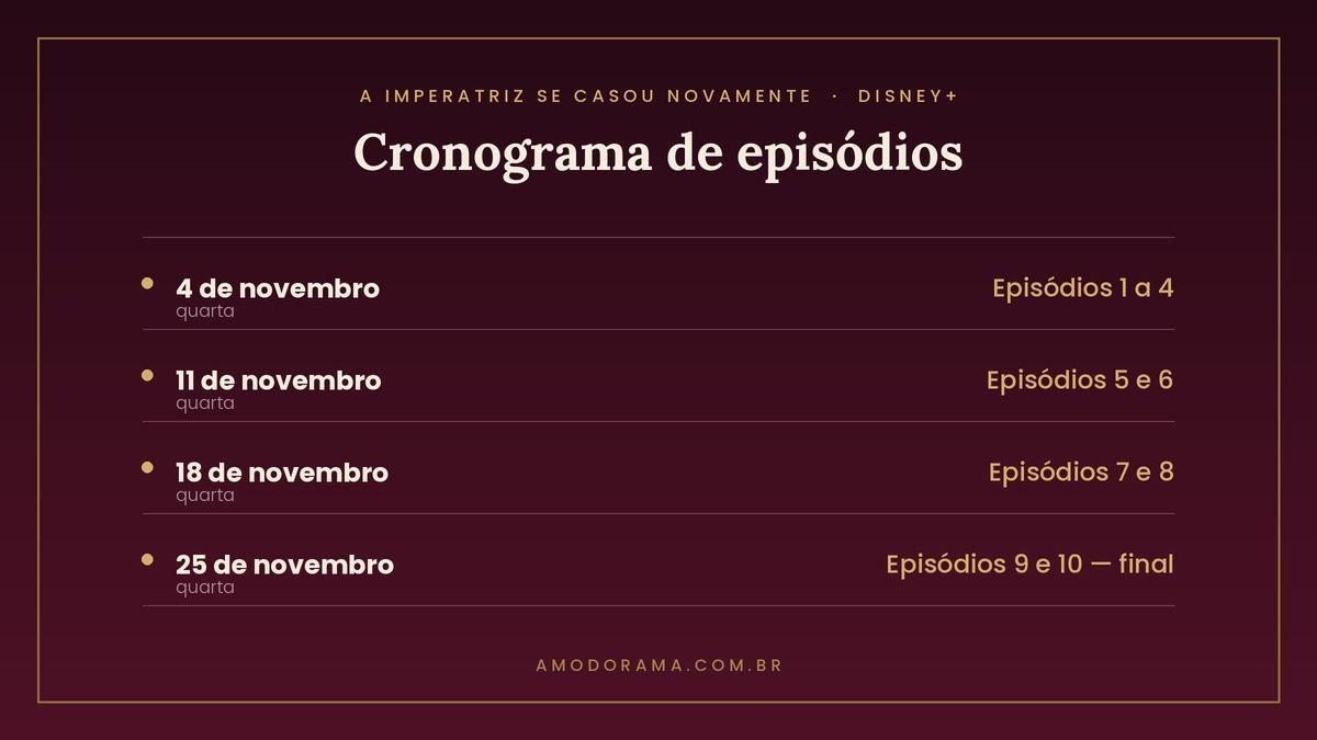 Cronograma de lançamento dos episódios de A Imperatriz Se Casou Novamente no Disney+ Cronograma de lançamento dos episódios de A Imperatriz Se Casou Novamente no Disney+