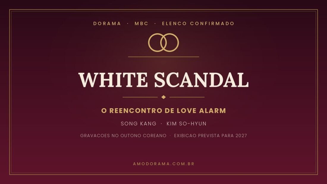 Arte do dorama White Scandal com dois anéis dourados entrelaçados sobre fundo bordô Arte do dorama White Scandal com dois anéis dourados entrelaçados sobre fundo bordô