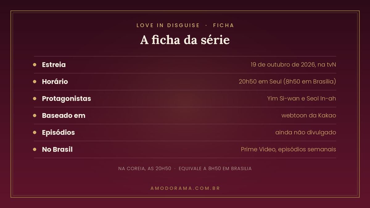 Ficha de Love in Disguise: estreia em 19 de outubro de 2026 na tvN, as 20h50 de Seul, com Yim Si-wan e Seol In-ah, no Brasil pela Prime Video com episodios semanais, baseado no webtoon Why Don't You Know It's a Girl Ficha de Love in Disguise: estreia em 19 de outubro de 2026 na tvN, as 20h50 de Seul, com Yim Si-wan e Seol In-ah, no Brasil pela Prime Video com episodios semanais, baseado no webtoon Why Don't You Know It's a Girl